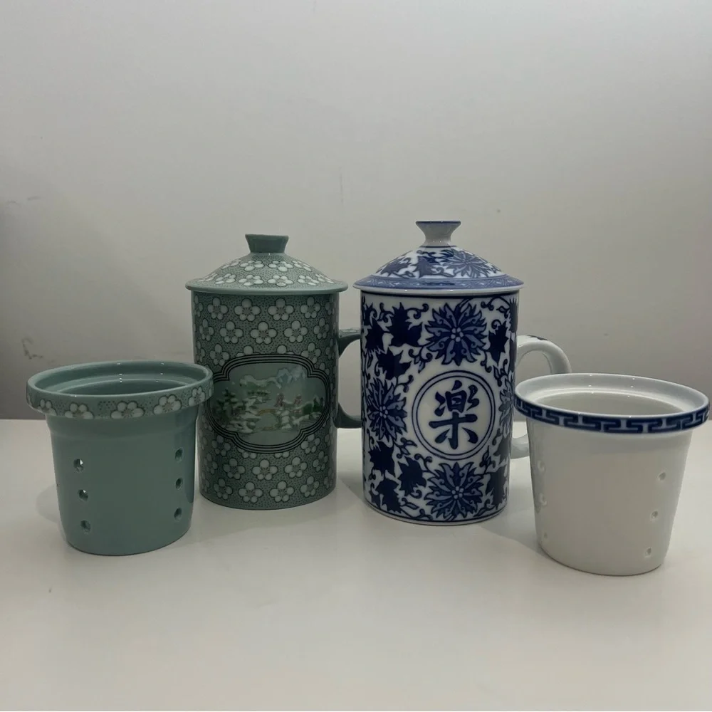 Pier 1 Imports Porcelain Tea Mugs Set Chinese Art Floral Blue Green with Lids